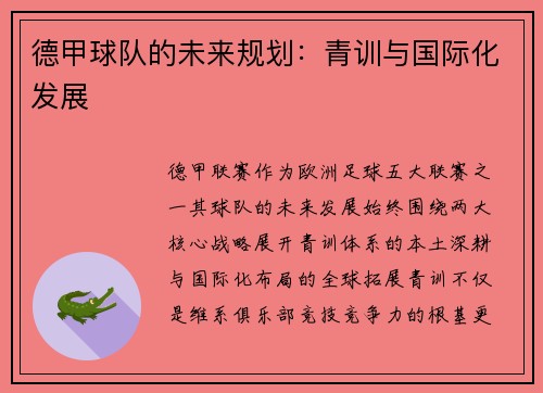 德甲球队的未来规划：青训与国际化发展